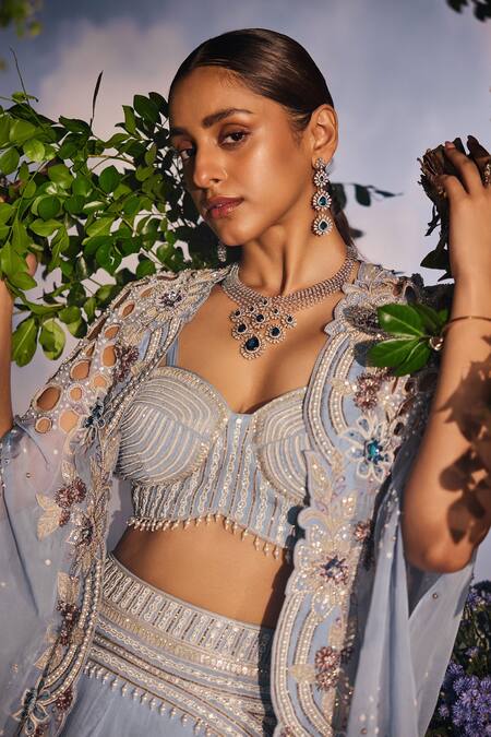 Buy Miku Kumar Blue Satin, Organza, Georgette Pearls, Shalvi Double Layer Lehenga Cape Set Buy_Miku Kumar_Blue Satin, Organza, Georgette Pearls, Shalvi Double Layer Lehenga Cape Set