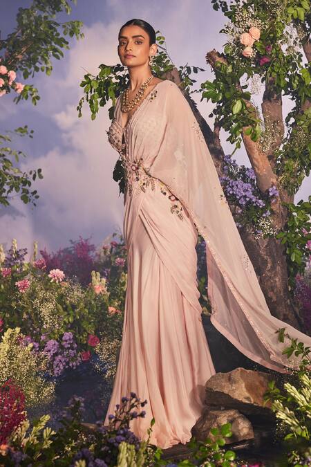Miku Kumar_Peach Net, Satin, Ava Floral Embroidered Pre-draped Saree With Corset Blouse _Online_at_Aza_Fashions