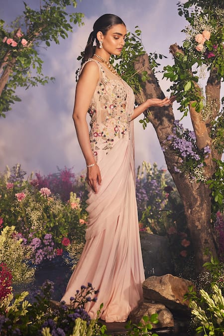 Shop_Miku Kumar_Peach Net, Satin, Ava Floral Embroidered Pre-draped Saree With Corset Blouse _Online_at_Aza_Fashions