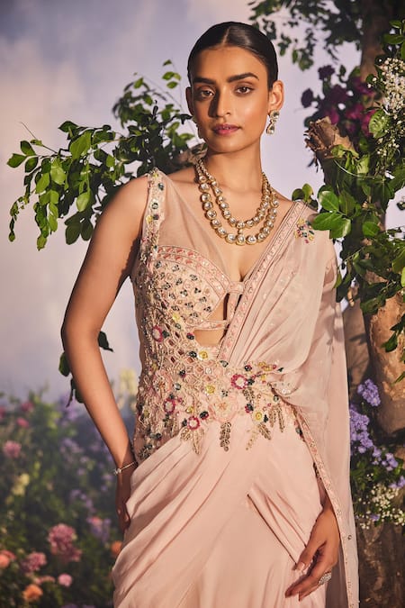 Miku Kumar_Peach Net, Satin, Ava Floral Embroidered Pre-draped Saree With Corset Blouse _at_Aza_Fashions