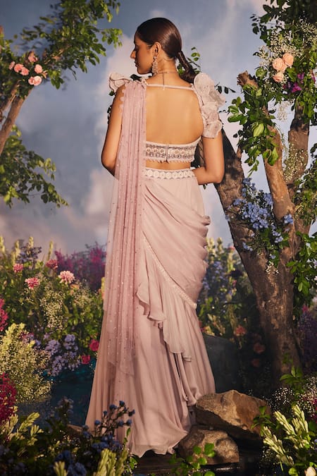 Miku Kumar Apsara Floral Embroidered Lehenga Saree With 3D Embroidered Blouse 