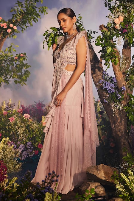 Buy Miku Kumar Purple Satin, Organza Embroidery Apsara Floral Lehenga Saree With 3d Blouse Online at Aza Fashions Buy_Miku Kumar_Purple Satin, Organza Embroidery Apsara Floral Lehenga Saree With 3d Blouse _Online_at_Aza_Fashions