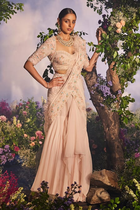 Shop_Miku Kumar_Peach Parizaat Thread Embroidered Pre-draped Lehenga Saree With Corset Blouse _Online_at_Aza_Fashions