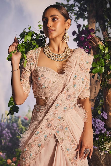 Miku Kumar_Peach Parizaat Thread Embroidered Pre-draped Lehenga Saree With Corset Blouse _at_Aza_Fashions