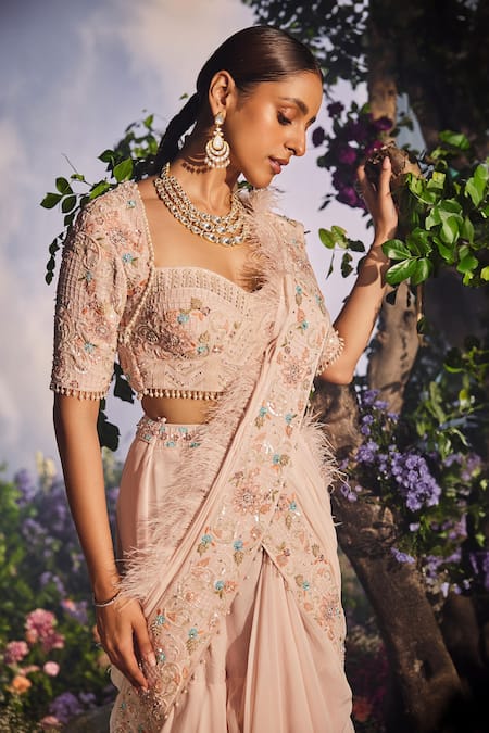 Buy_Miku Kumar_Peach Parizaat Thread Embroidered Pre-draped Lehenga Saree With Corset Blouse 
