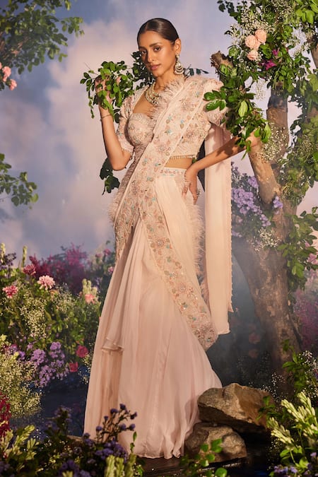 Shop_Miku Kumar_Peach Parizaat Thread Embroidered Pre-draped Lehenga Saree With Corset Blouse 