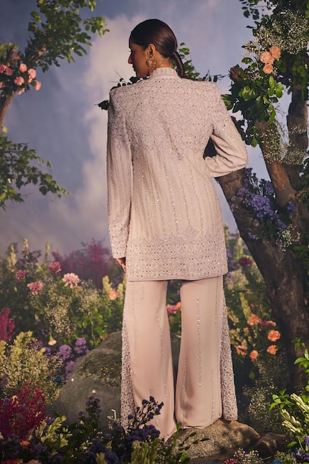 Shop Miku Kumar Purple Net, Georgette Sequins, Vasundhara Geometric Jacket Retro Pant Set at Aza Fashions Shop_Miku Kumar_Purple Net, Georgette Sequins, Vasundhara Geometric Jacket Retro Pant Set _at_Aza_Fashions