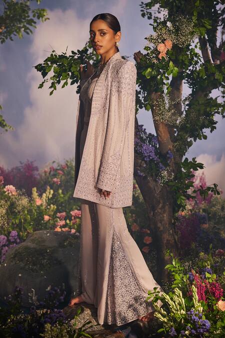 Miku Kumar Purple Net, Georgette Sequins, Vasundhara Geometric Jacket Retro Pant Set Online at Aza Fashions Miku Kumar_Purple Net, Georgette Sequins, Vasundhara Geometric Jacket Retro Pant Set _Online_at_Aza_Fashions