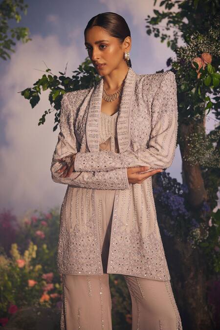 Shop Miku Kumar Purple Net, Georgette Sequins, Vasundhara Geometric Jacket Retro Pant Set Online at Aza Fashions Shop_Miku Kumar_Purple Net, Georgette Sequins, Vasundhara Geometric Jacket Retro Pant Set _Online_at_Aza_Fashions