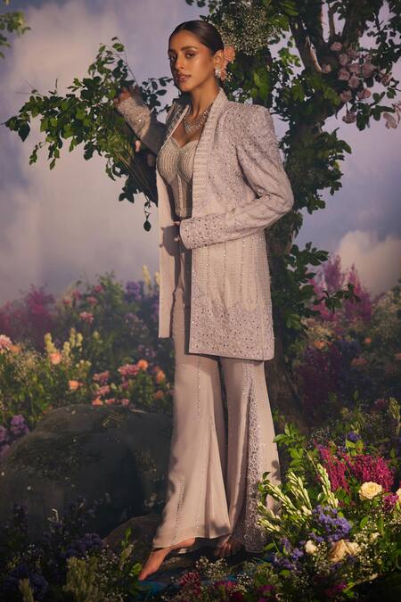 Buy Miku Kumar Purple Net, Georgette Sequins, Vasundhara Geometric Jacket Retro Pant Set Buy_Miku Kumar_Purple Net, Georgette Sequins, Vasundhara Geometric Jacket Retro Pant Set