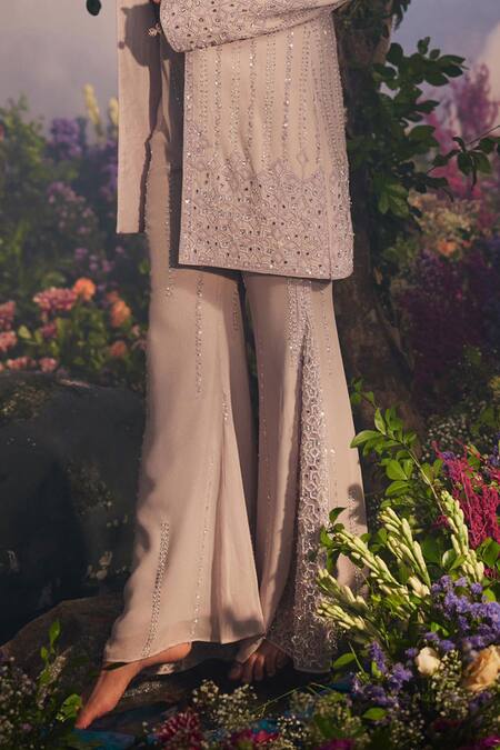 Shop Miku Kumar Purple Net, Georgette Sequins, Vasundhara Geometric Jacket Retro Pant Set Shop_Miku Kumar_Purple Net, Georgette Sequins, Vasundhara Geometric Jacket Retro Pant Set