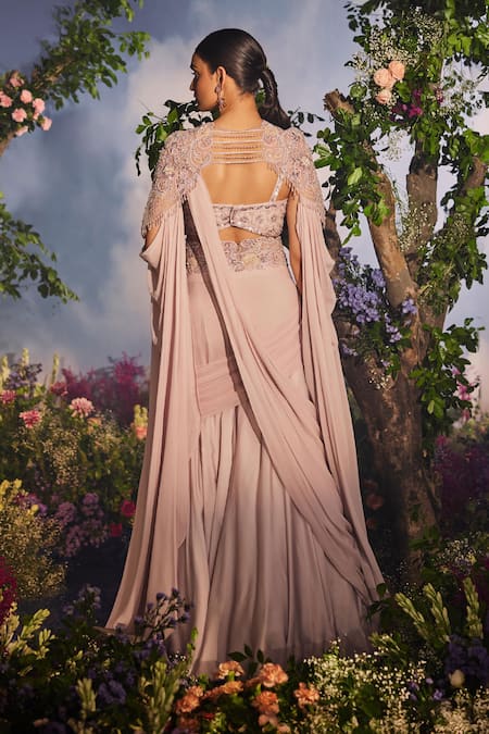 Miku Kumar Vanshree Plain Pre-Draped Lehenga Saree Set With Pearl Embellished Cape 