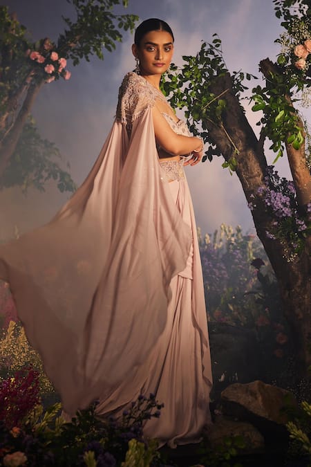 Miku Kumar Purple Modal, Vanshree Plain Pre-draped Lehenga Saree Set With Embellished Cape Online at Aza Fashions Miku Kumar_Purple Modal, Vanshree Plain Pre-draped Lehenga Saree Set With Embellished Cape _Online_at_Aza_Fashions