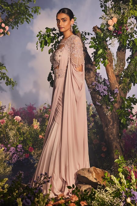 Buy Miku Kumar Purple Modal, Vanshree Plain Pre-draped Lehenga Saree Set With Embellished Cape Online at Aza Fashions Buy_Miku Kumar_Purple Modal, Vanshree Plain Pre-draped Lehenga Saree Set With Embellished Cape _Online_at_Aza_Fashions