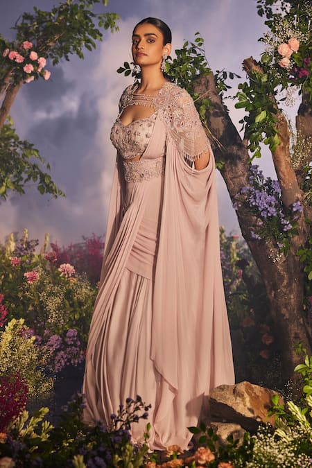 Shop Miku Kumar Purple Modal, Vanshree Plain Pre-draped Lehenga Saree Set With Embellished Cape Online at Aza Fashions Shop_Miku Kumar_Purple Modal, Vanshree Plain Pre-draped Lehenga Saree Set With Embellished Cape _Online_at_Aza_Fashions