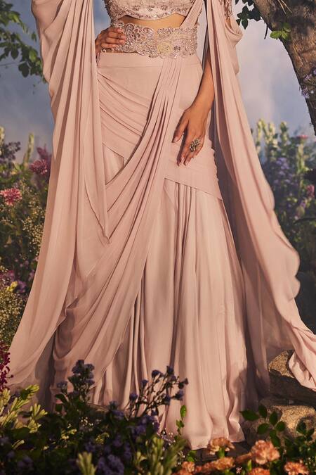 Miku Kumar Purple Modal, Vanshree Plain Pre-draped Lehenga Saree Set With Embellished Cape at Aza Fashions Miku Kumar_Purple Modal, Vanshree Plain Pre-draped Lehenga Saree Set With Embellished Cape _at_Aza_Fashions