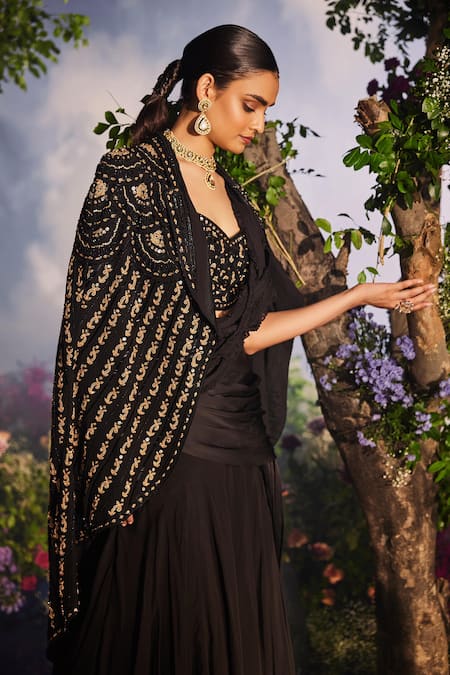 Miku Kumar Black Satin, Organza, Kaaya 3d Braid Lehenga Saree Set With Embroidered Jacket Online at Aza Fashions Miku Kumar_Black Satin, Organza, Kaaya 3d Braid Lehenga Saree Set With Embroidered Jacket _Online_at_Aza_Fashions