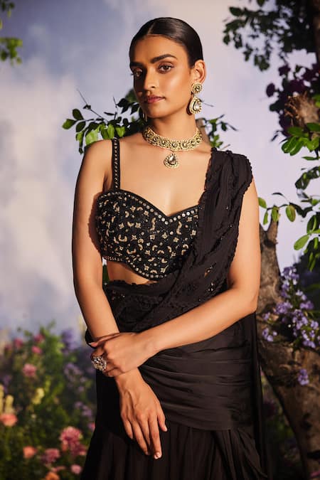 Buy Miku Kumar Black Satin, Organza, Kaaya 3d Braid Lehenga Saree Set With Embroidered Jacket Online at Aza Fashions Buy_Miku Kumar_Black Satin, Organza, Kaaya 3d Braid Lehenga Saree Set With Embroidered Jacket _Online_at_Aza_Fashions