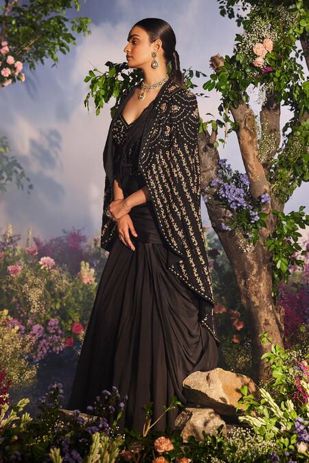 Shop Miku Kumar Black Satin, Organza, Kaaya 3d Braid Lehenga Saree Set With Embroidered Jacket Online at Aza Fashions Shop_Miku Kumar_Black Satin, Organza, Kaaya 3d Braid Lehenga Saree Set With Embroidered Jacket _Online_at_Aza_Fashions