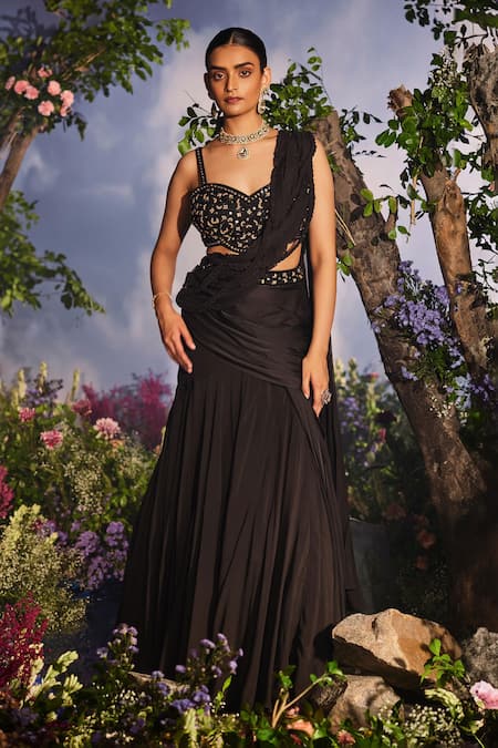 Buy Miku Kumar Black Satin, Organza, Kaaya 3d Braid Lehenga Saree Set With Embroidered Jacket Buy_Miku Kumar_Black Satin, Organza, Kaaya 3d Braid Lehenga Saree Set With Embroidered Jacket