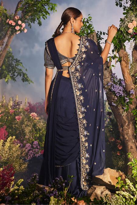 Shop Miku Kumar Blue Satin, Lavanya Threadwork Pre Draped Saree Set With Floral Half Cape at Aza Fashions Shop_Miku Kumar_Blue Satin, Lavanya Threadwork Pre Draped Saree Set With Floral Half Cape _at_Aza_Fashions