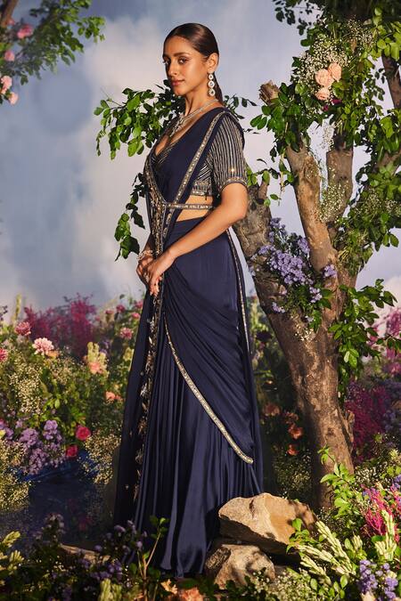 Buy Miku Kumar Blue Satin, Lavanya Threadwork Pre Draped Saree Set With Floral Half Cape Online at Aza Fashions Buy_Miku Kumar_Blue Satin, Lavanya Threadwork Pre Draped Saree Set With Floral Half Cape _Online_at_Aza_Fashions