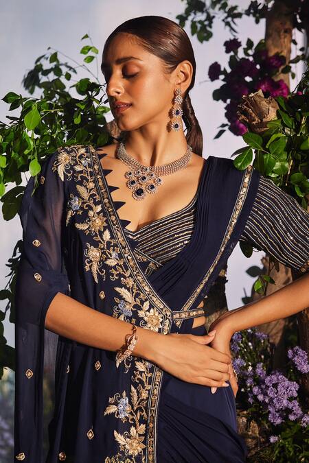 Shop Miku Kumar Blue Satin, Lavanya Threadwork Pre Draped Saree Set With Floral Half Cape Online at Aza Fashions Shop_Miku Kumar_Blue Satin, Lavanya Threadwork Pre Draped Saree Set With Floral Half Cape _Online_at_Aza_Fashions