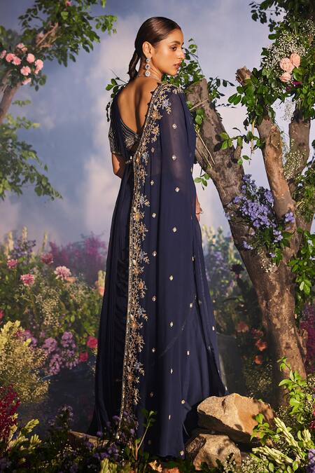 Buy Miku Kumar Blue Satin, Lavanya Threadwork Pre Draped Saree Set With Floral Half Cape Buy_Miku Kumar_Blue Satin, Lavanya Threadwork Pre Draped Saree Set With Floral Half Cape