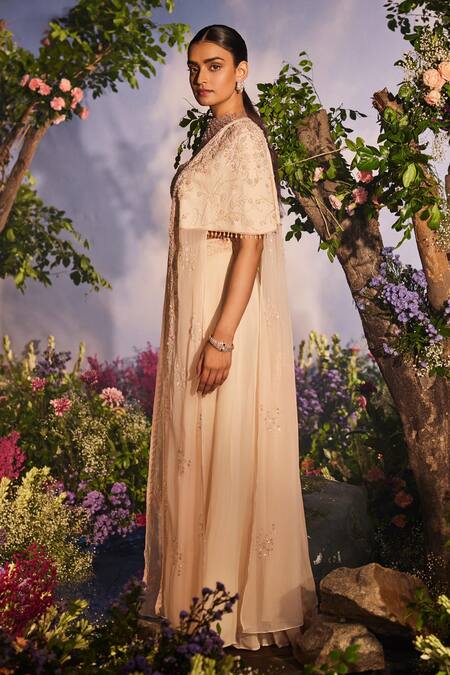 Shop Miku Kumar Peach Satin, Organza, Georgette Suhana Floral Vine Embroidered Cape Palazzo Set Online at Aza Fashions Shop_Miku Kumar_Peach Satin, Organza, Georgette Suhana Floral Vine Embroidered Cape Palazzo Set _Online_at_Aza_Fashions