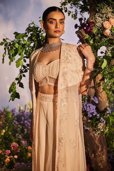 Miku Kumar Peach Satin, Organza, Georgette Suhana Floral Vine Embroidered Cape Palazzo Set at Aza Fashions Miku Kumar_Peach Satin, Organza, Georgette Suhana Floral Vine Embroidered Cape Palazzo Set _at_Aza_Fashions