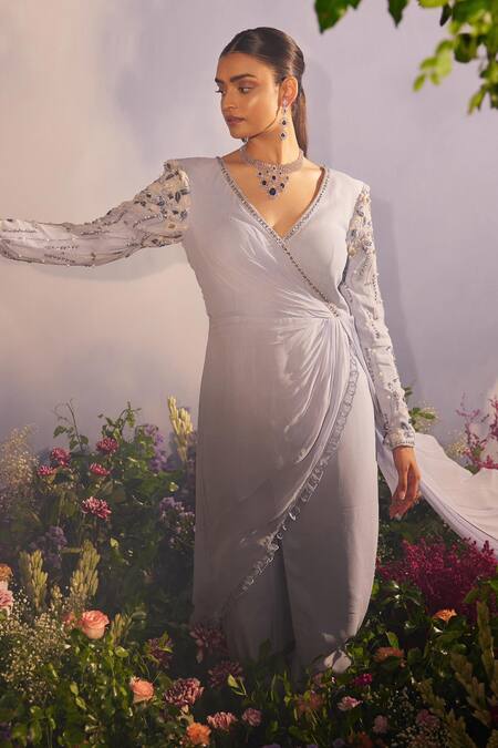 Miku Kumar_Purple Georgette Sequins, Cut Work, Padma Drape Embroidered Tunic With Sharara _Online_at_Aza_Fashions