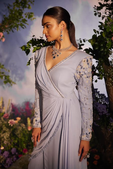 Buy_Miku Kumar_Purple Georgette Sequins, Cut Work, Padma Drape Embroidered Tunic With Sharara _Online_at_Aza_Fashions