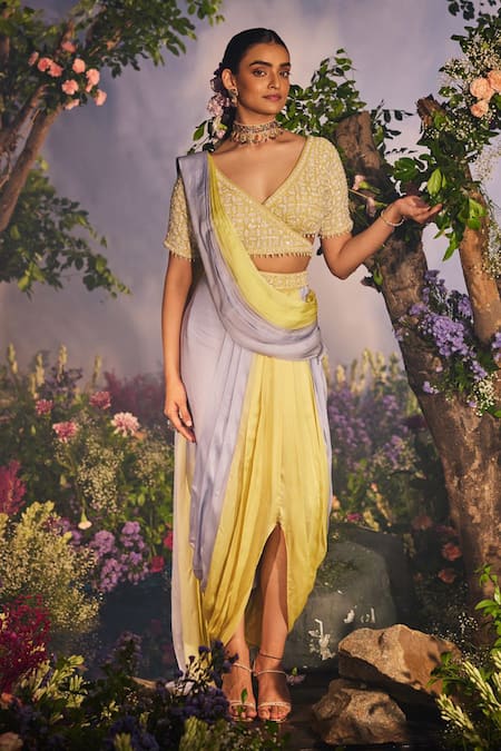 Miku Kumar Yellow Georgette Harini Ombre Pre-draped Dhoti Saree With Angrakha Blouse 