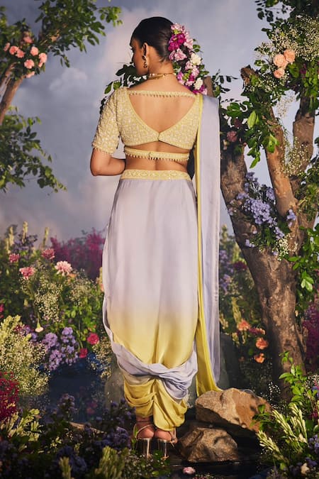 Miku Kumar Harini Ombre Pre-Draped Dhoti Saree With Embroidered Angrakha Blouse 