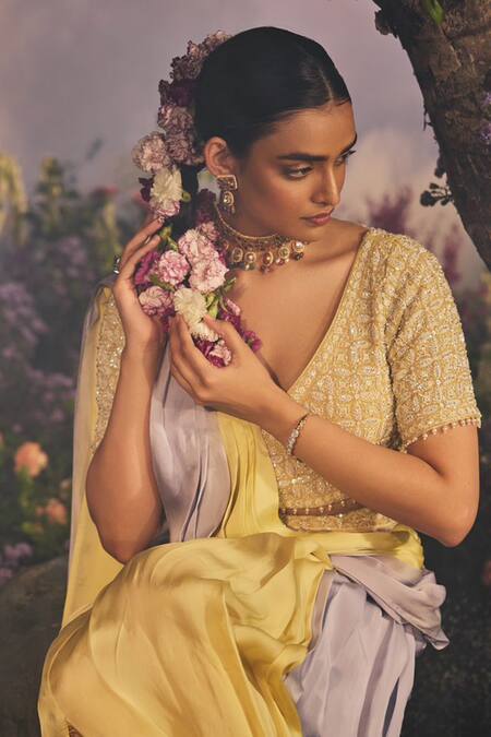 Miku Kumar_Yellow Harini Ombre Pre-draped Dhoti Saree With Embroidered Angrakha Blouse _Online_at_Aza_Fashions