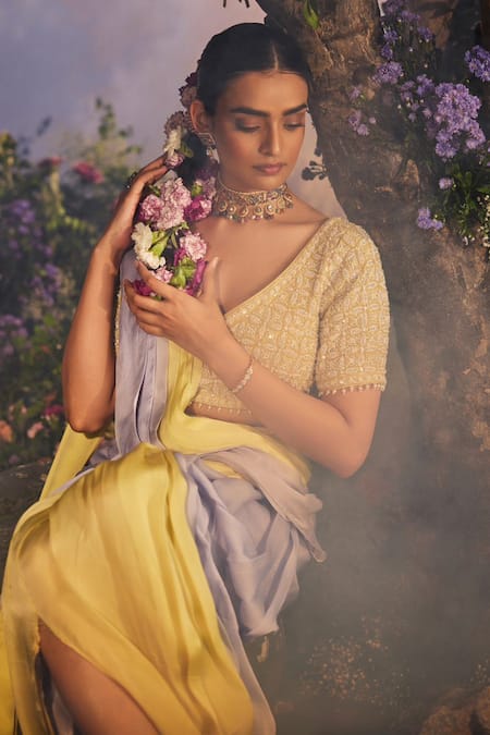 Buy_Miku Kumar_Yellow Harini Ombre Pre-draped Dhoti Saree With Embroidered Angrakha Blouse _Online_at_Aza_Fashions
