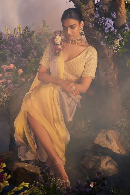 Shop_Miku Kumar_Yellow Harini Ombre Pre-draped Dhoti Saree With Embroidered Angrakha Blouse _Online_at_Aza_Fashions