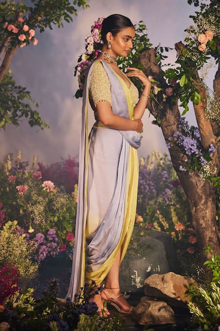 Miku Kumar_Yellow Harini Ombre Pre-draped Dhoti Saree With Embroidered Angrakha Blouse _at_Aza_Fashions