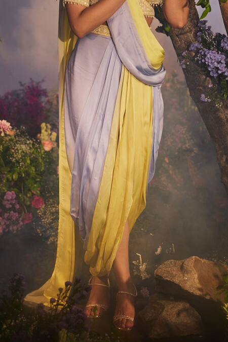Buy_Miku Kumar_Yellow Harini Ombre Pre-draped Dhoti Saree With Embroidered Angrakha Blouse 