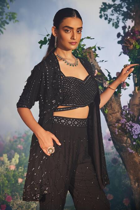 Miku Kumar Black Satin, Organza, Georgette Cut Menaka Embroidered Jacket Retro Palazzo Set Online at Aza Fashions Miku Kumar_Black Satin, Organza, Georgette Cut Menaka Embroidered Jacket Retro Palazzo Set _Online_at_Aza_Fashions