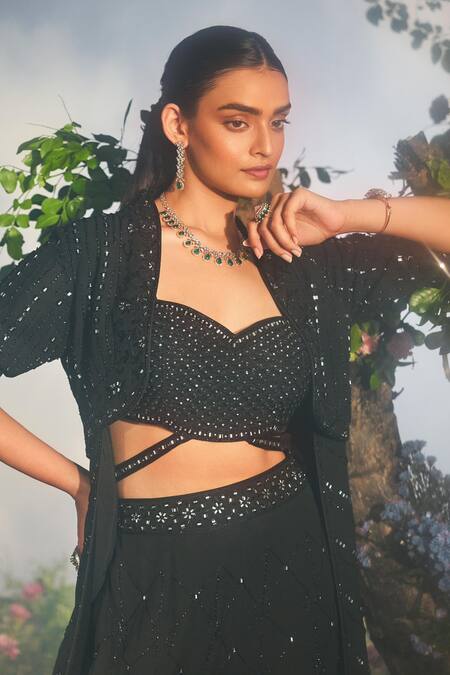 Shop Miku Kumar Black Satin, Organza, Georgette Cut Menaka Embroidered Jacket Retro Palazzo Set Shop_Miku Kumar_Black Satin, Organza, Georgette Cut Menaka Embroidered Jacket Retro Palazzo Set