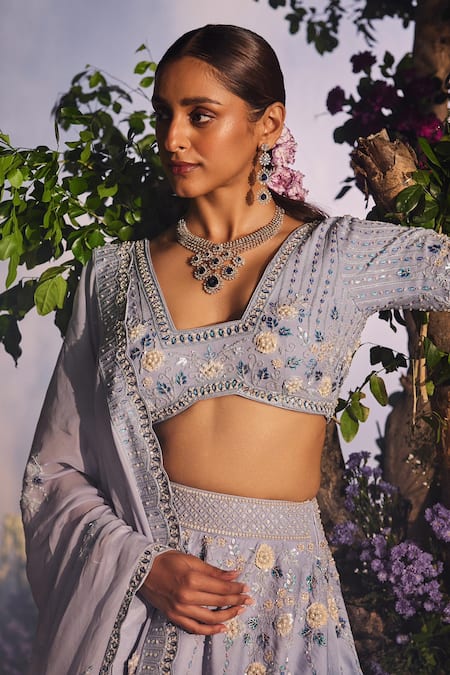 Miku Kumar_Blue Satin, Georgette, Organza Cut Work, Mina Floral Embroidered Lehenga Set _Online_at_Aza_Fashions