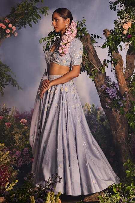 Buy_Miku Kumar_Blue Satin, Georgette, Organza Cut Work, Mina Floral Embroidered Lehenga Set _Online_at_Aza_Fashions