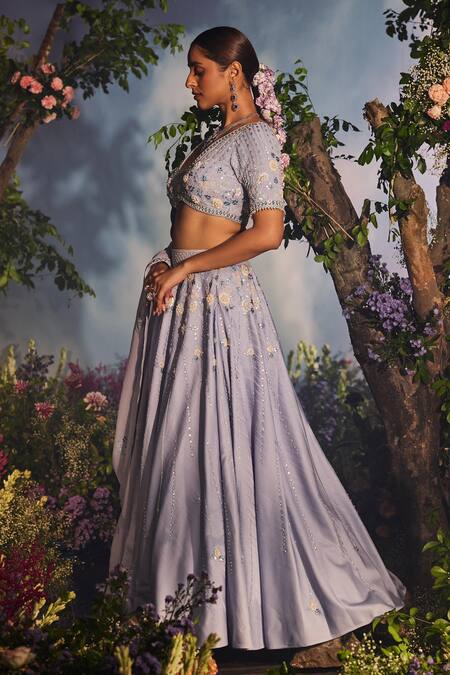Shop_Miku Kumar_Blue Satin, Georgette, Organza Cut Work, Mina Floral Embroidered Lehenga Set _Online_at_Aza_Fashions