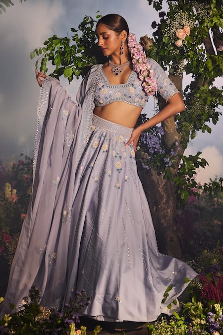 Miku Kumar_Blue Satin, Georgette, Organza Cut Work, Mina Floral Embroidered Lehenga Set _at_Aza_Fashions