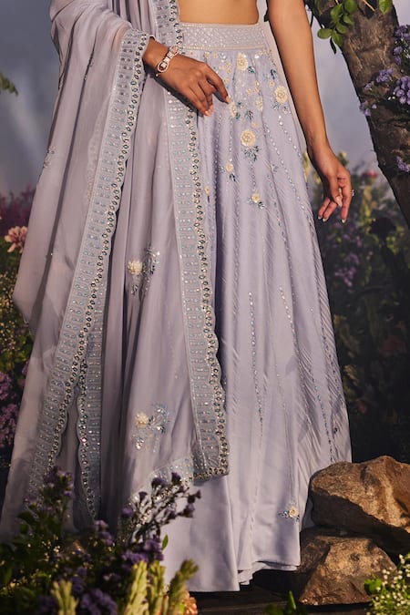 Buy_Miku Kumar_Blue Satin, Georgette, Organza Cut Work, Mina Floral Embroidered Lehenga Set 