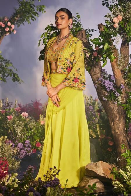 Miku Kumar_Green Satin, Georgette Priyamvada Draped Lehenga Set With Embroidered Jacket _Online_at_Aza_Fashions