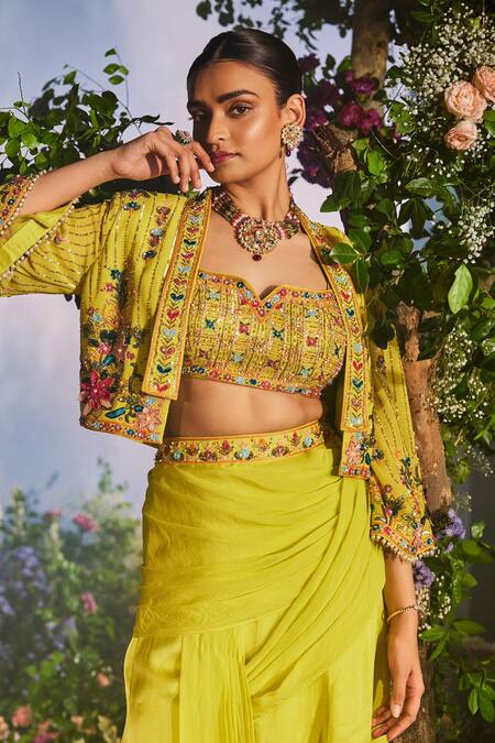 Buy_Miku Kumar_Green Satin, Georgette Priyamvada Draped Lehenga Set With Embroidered Jacket _Online_at_Aza_Fashions