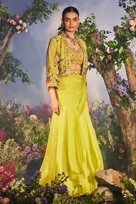Miku Kumar_Green Satin, Georgette Priyamvada Draped Lehenga Set With Embroidered Jacket _at_Aza_Fashions
