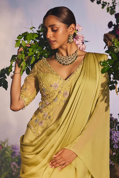 Miku Kumar_Green Satin, Organza, Net, Anasuya Floral Pre-draped Concept Sharara Saree Set _Online_at_Aza_Fashions